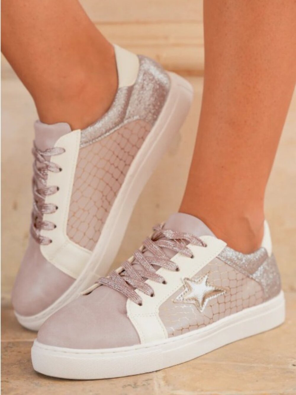Gold Glitter Star Patchwork Leather Lace-Up Sneakers - Picture 3 of 16